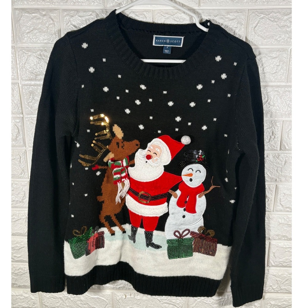Karen Scott Christmas Sweater Small Santa Reindeer Snowman Holiday Black‎ Knit